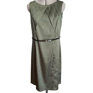Dressbarn Olive Green Sleeveless Pleated Sheath Dress W/ Belt Size 10 Party Wear